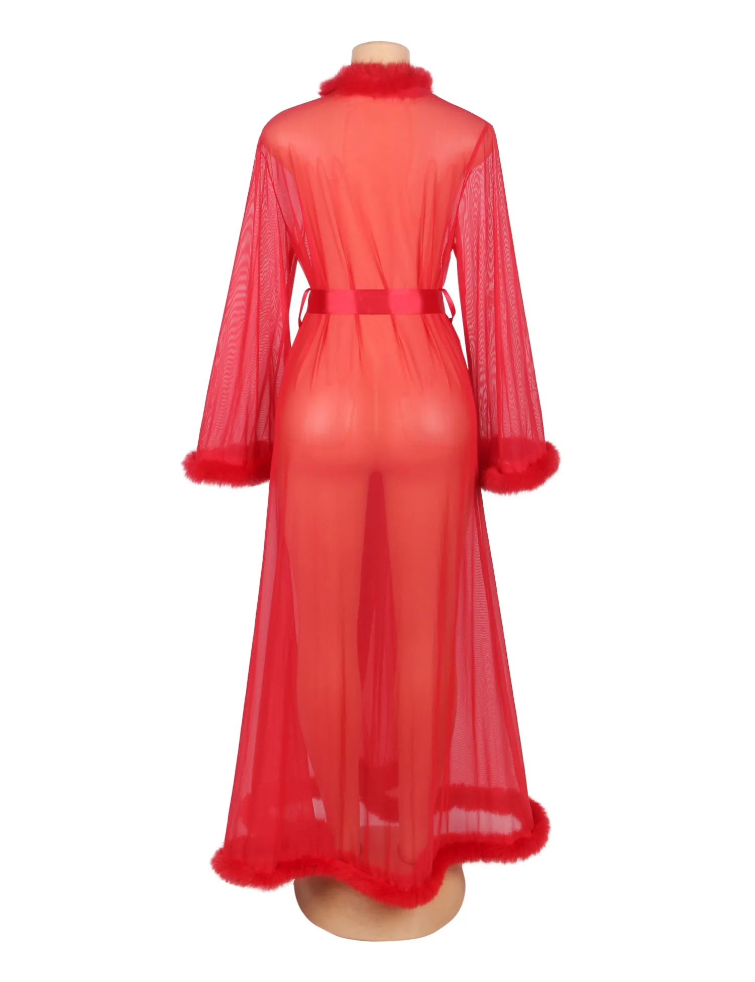 Sexy Mesh Imitation Mink Fur Trim Long Robe Egypt With Belt