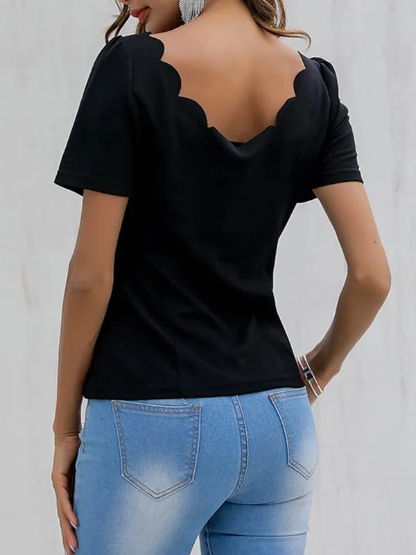 Shell Side Button Short-sleeved Cardigan Top Solid Color Temperament Shirt