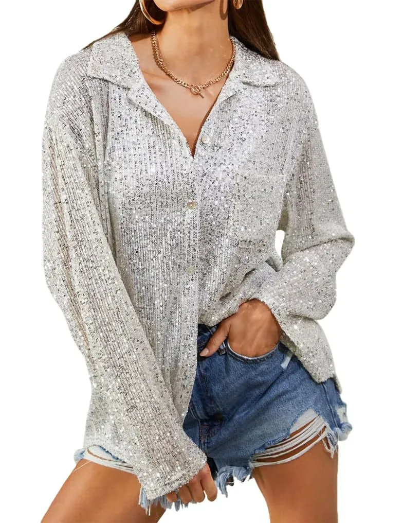 Shimmer Streak Sequin Button-Up Shirt