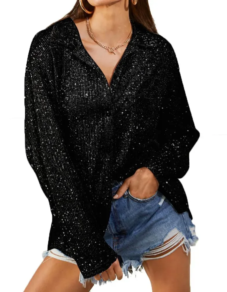 Shimmer Streak Sequin Button-Up Shirt