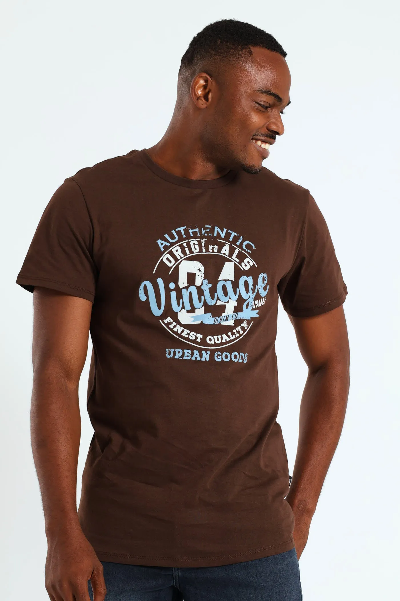 Short Sleeve Basic Print Tee - Brown