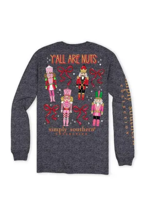 Simply Southern Plus Size Long Sleeve Y’all Are Nuts T-Shirt for Women in Dark Heather Grey | EXT-LS-NUTS-CHARCOALHTHR