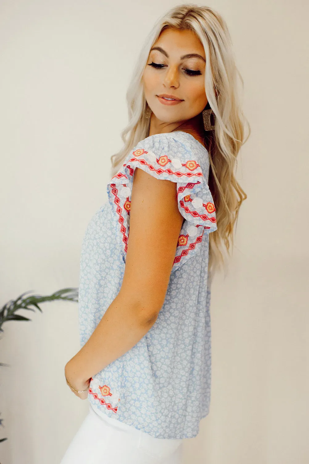 Sky Blue Boho Embroidered Floral Print Flutter Sleeve Top