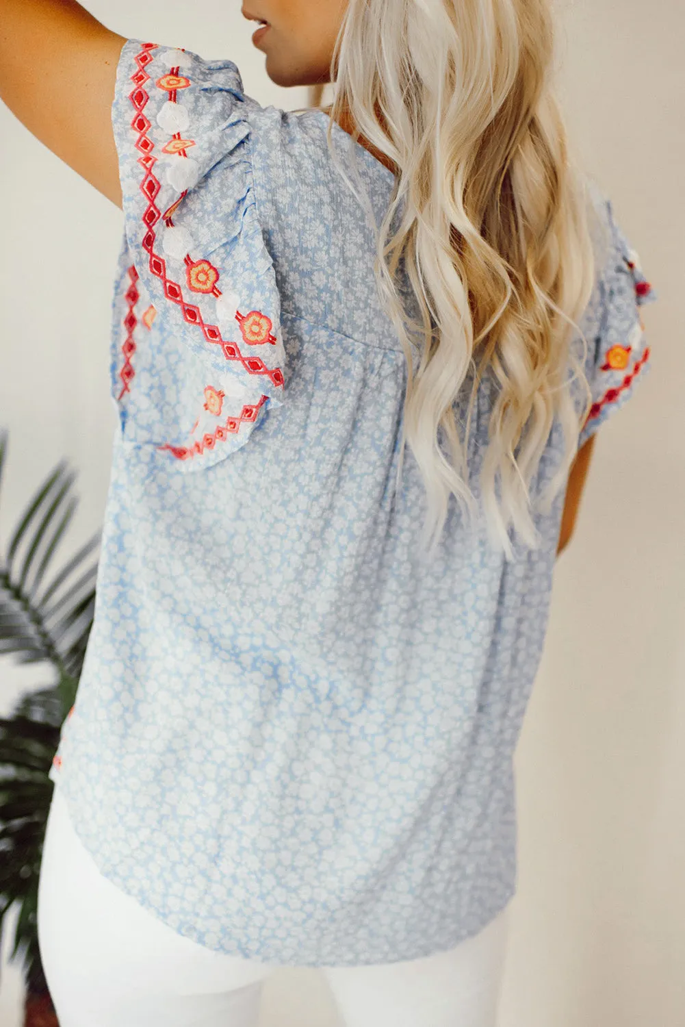 Sky Blue Boho Embroidered Floral Print Flutter Sleeve Top