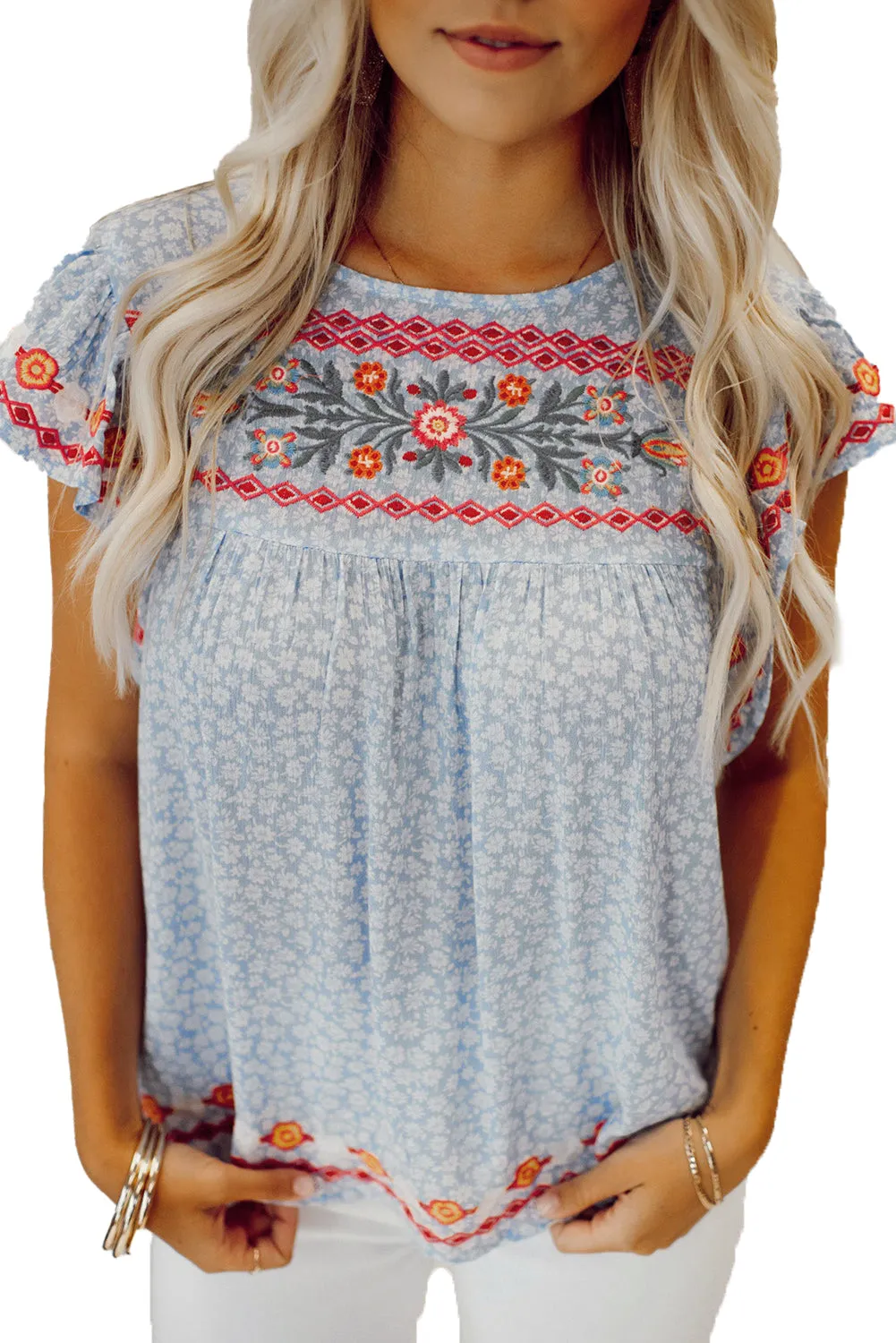 Sky Blue Boho Embroidered Floral Print Flutter Sleeve Top