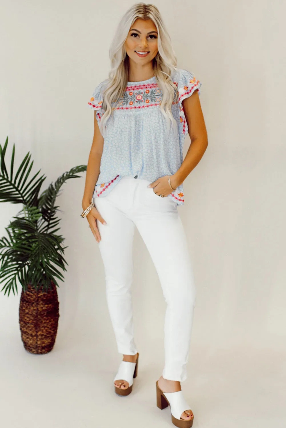 Sky Blue Boho Embroidered Floral Print Flutter Sleeve Top