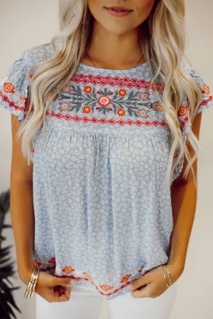 Sky Blue Boho Embroidered Floral Print Flutter Sleeve Top