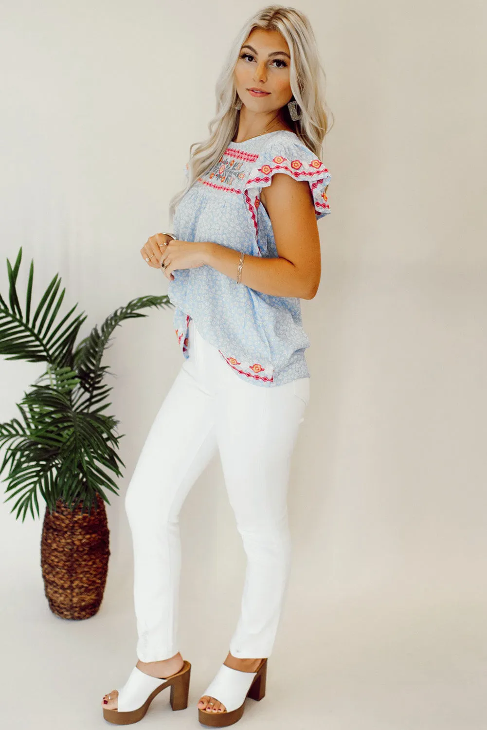 Sky Blue Boho Embroidered Floral Print Flutter Sleeve Top