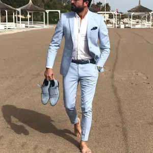 Sky Blue Linen Beach Men Suits Groom Tuxedo for Wedding