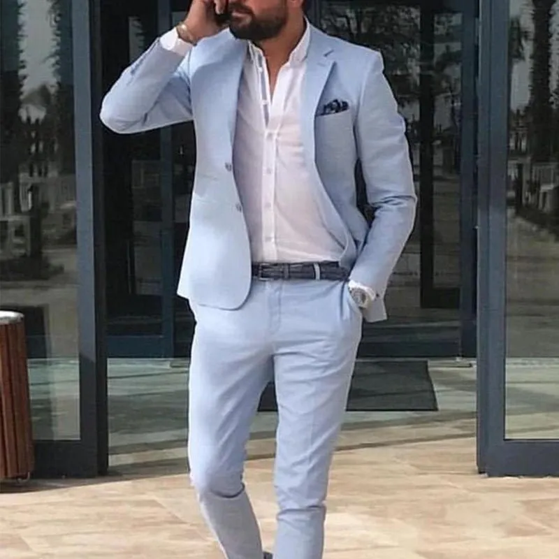Sky Blue Linen Beach Men Suits Groom Tuxedo for Wedding