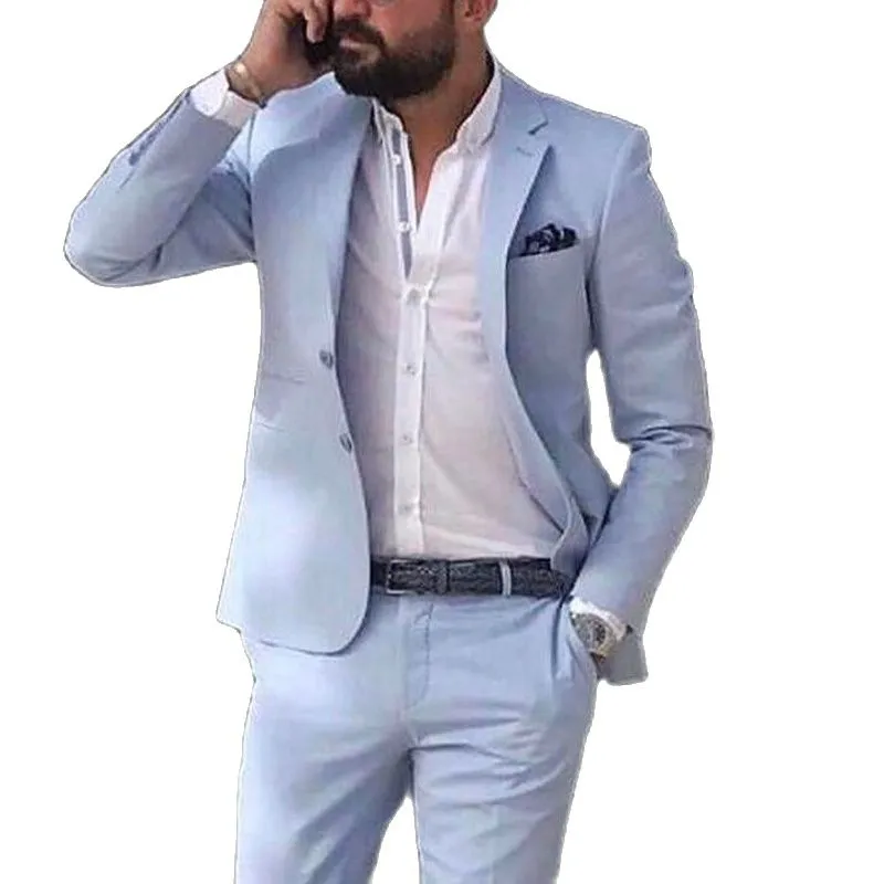Sky Blue Linen Beach Men Suits Groom Tuxedo for Wedding