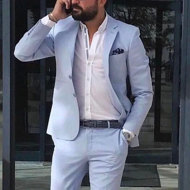 Sky Blue Linen Beach Men Suits Groom Tuxedo for Wedding
