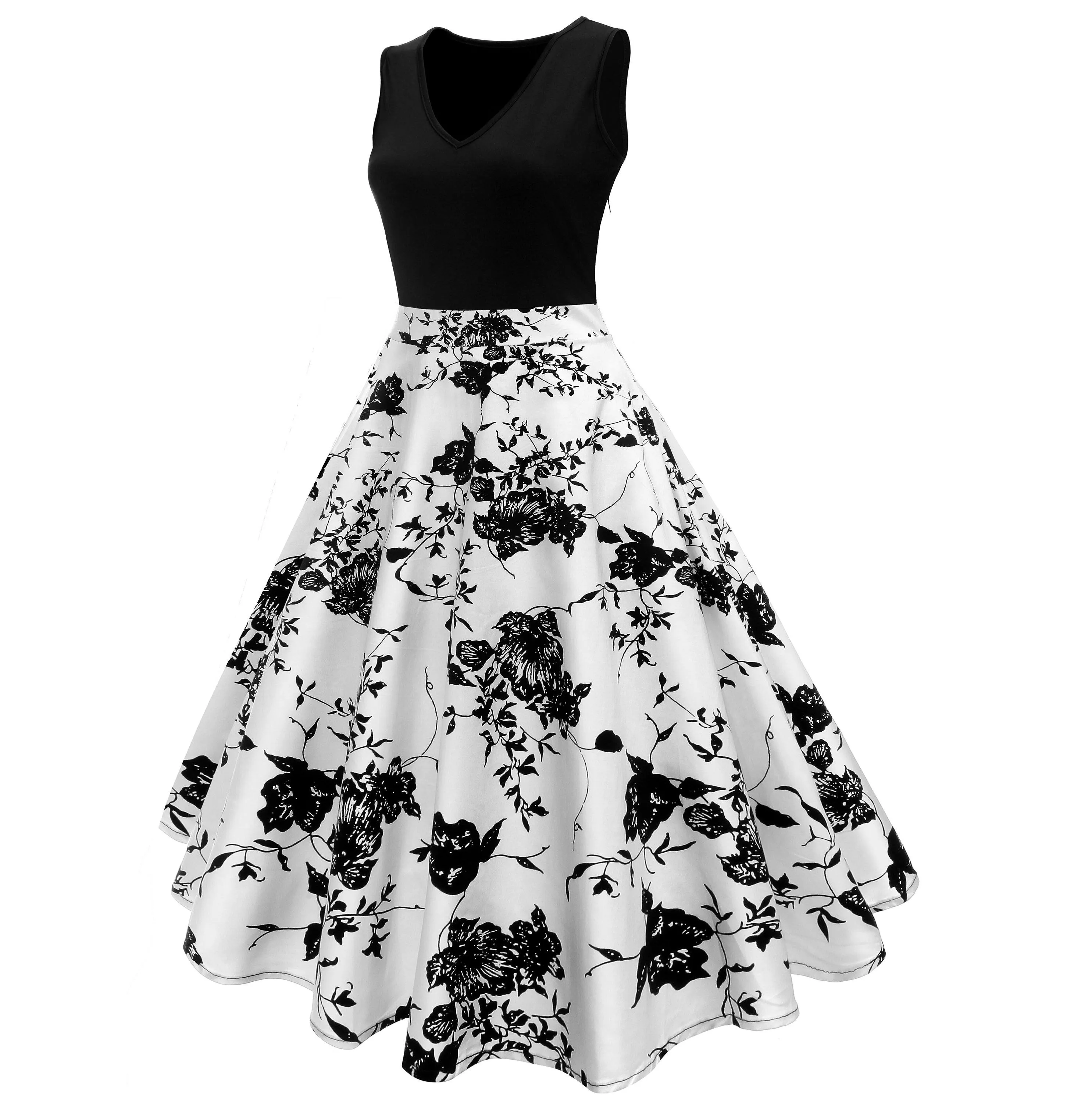 Sleeveless Audrey Hepburn 1950S Vintage Floral Black and White Vintage Dress