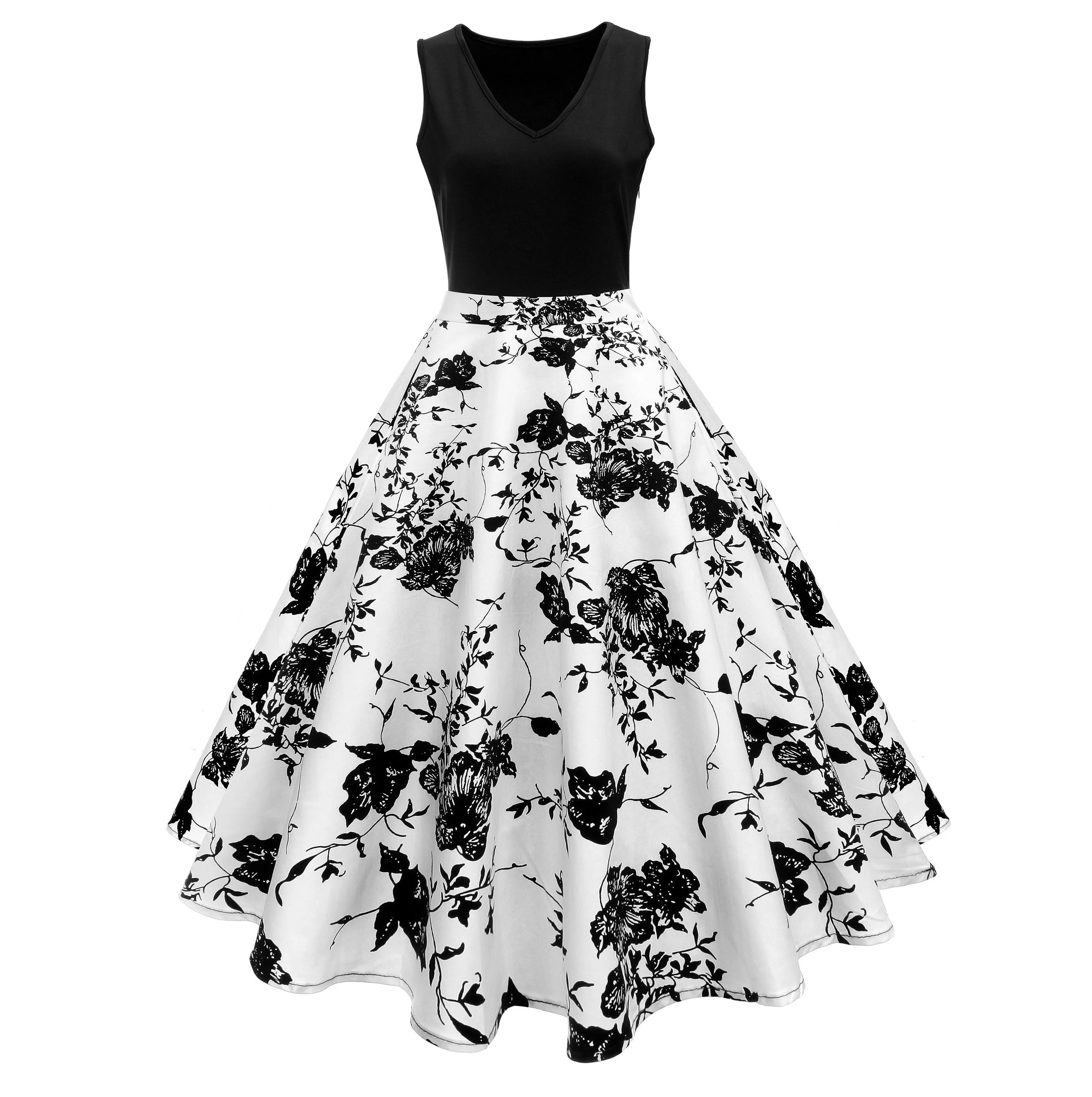 Sleeveless Audrey Hepburn 1950S Vintage Floral Black and White Vintage Dress