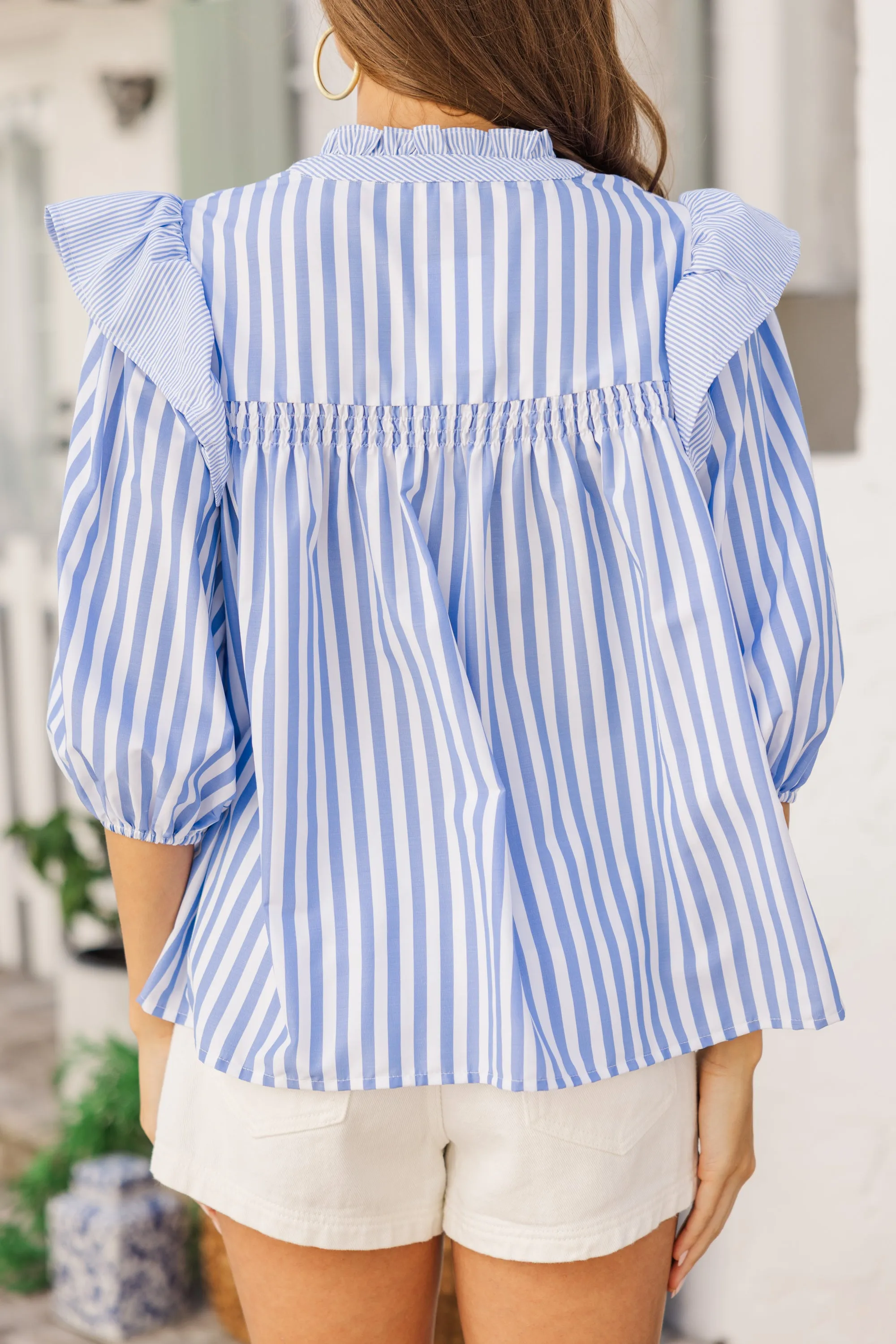 So Honored Blue Striped Blouses