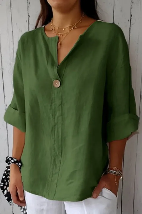 Solid Color Casual Button V-neck Loose Top