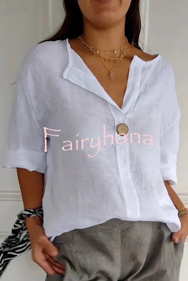Solid Color Casual Button V-neck Loose Top