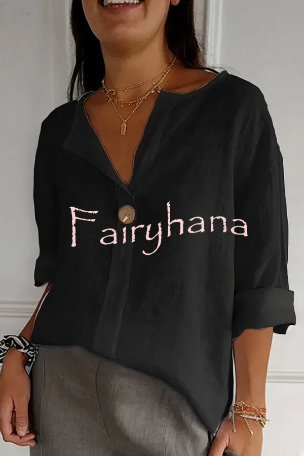 Solid Color Casual Button V-neck Loose Top