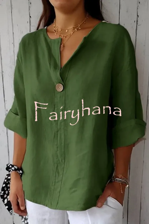 Solid Color Casual Button V-neck Loose Top