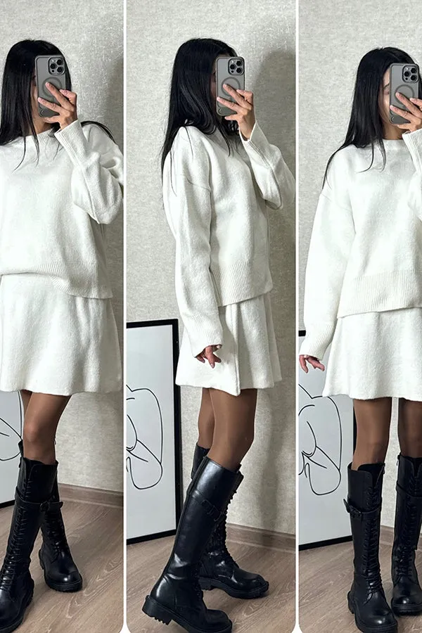 Solid Color Casual Preppy Knit Top and Knit Stretch Mini Skirt Set