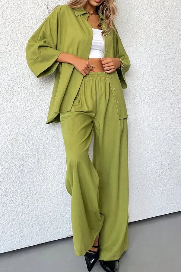 Solid Color Loose Casual Shirt and Elastic Waist Pocket Wide Leg Pants Set