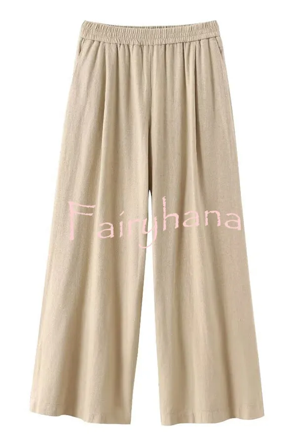Solid Color Loose Casual Shirt and Elastic Waist Pocket Wide Leg Pants Set