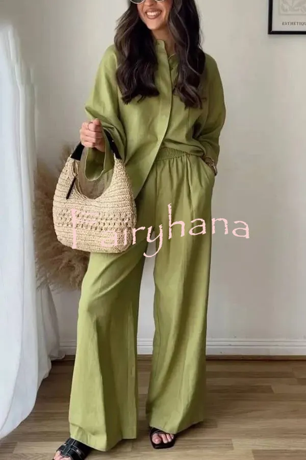 Solid Color Loose Casual Shirt and Elastic Waist Pocket Wide Leg Pants Set