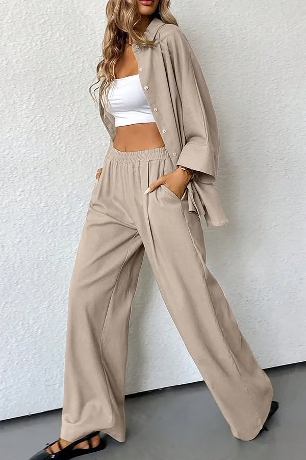 Solid Color Loose Casual Shirt and Elastic Waist Pocket Wide Leg Pants Set