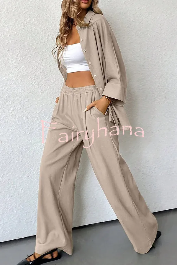 Solid Color Loose Casual Shirt and Elastic Waist Pocket Wide Leg Pants Set