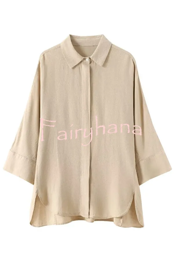 Solid Color Loose Casual Shirt and Elastic Waist Pocket Wide Leg Pants Set
