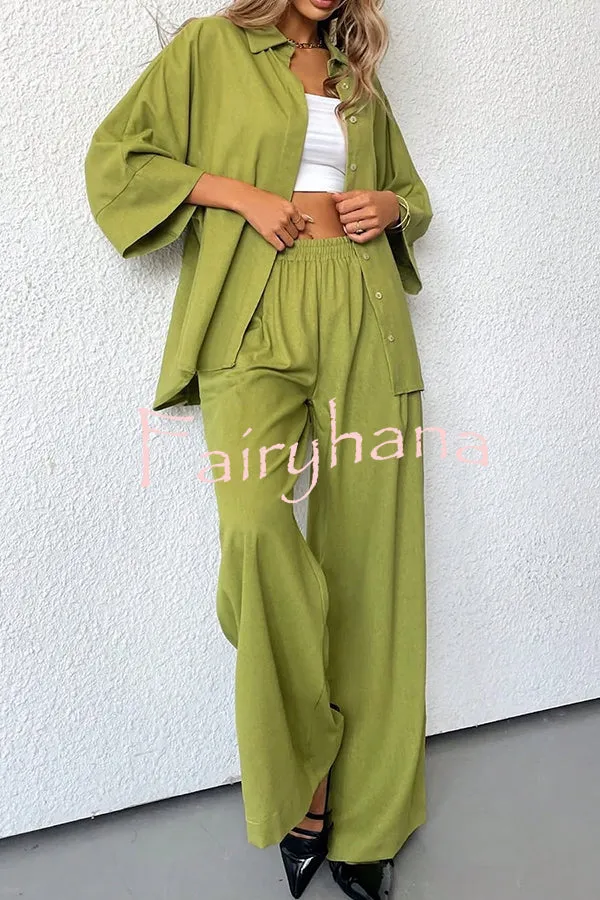 Solid Color Loose Casual Shirt and Elastic Waist Pocket Wide Leg Pants Set