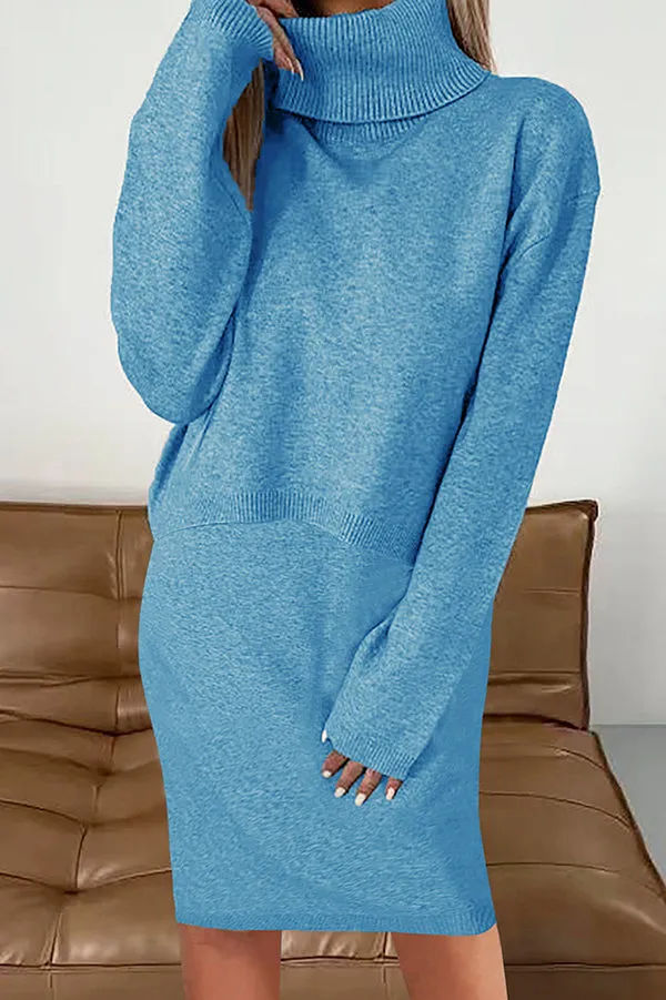 Solid Color Turtleneck Sweater and Knee Length Dress Set