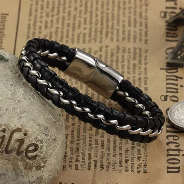 Stainless Steel Genuine Leather Wrist Bracelets for Men, Best Gift for Boyfriend on Special Occasion