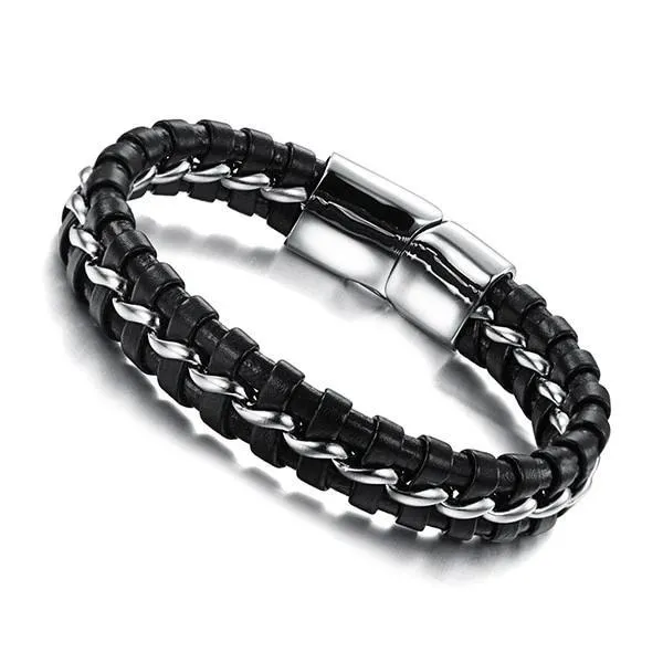 Stainless Steel Genuine Leather Wrist Bracelets for Men, Best Gift for Boyfriend on Special Occasion