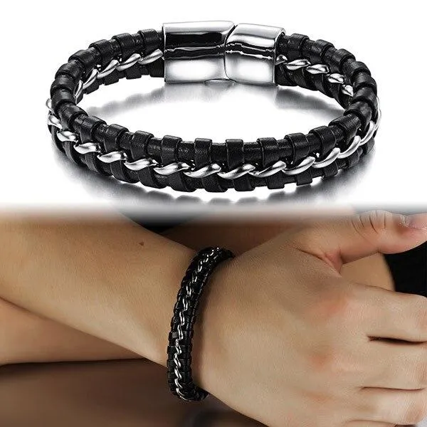 Stainless Steel Genuine Leather Wrist Bracelets for Men, Best Gift for Boyfriend on Special Occasion