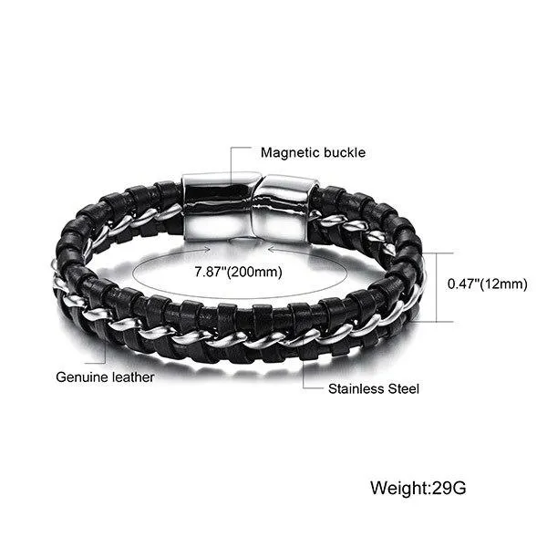 Stainless Steel Genuine Leather Wrist Bracelets for Men, Best Gift for Boyfriend on Special Occasion