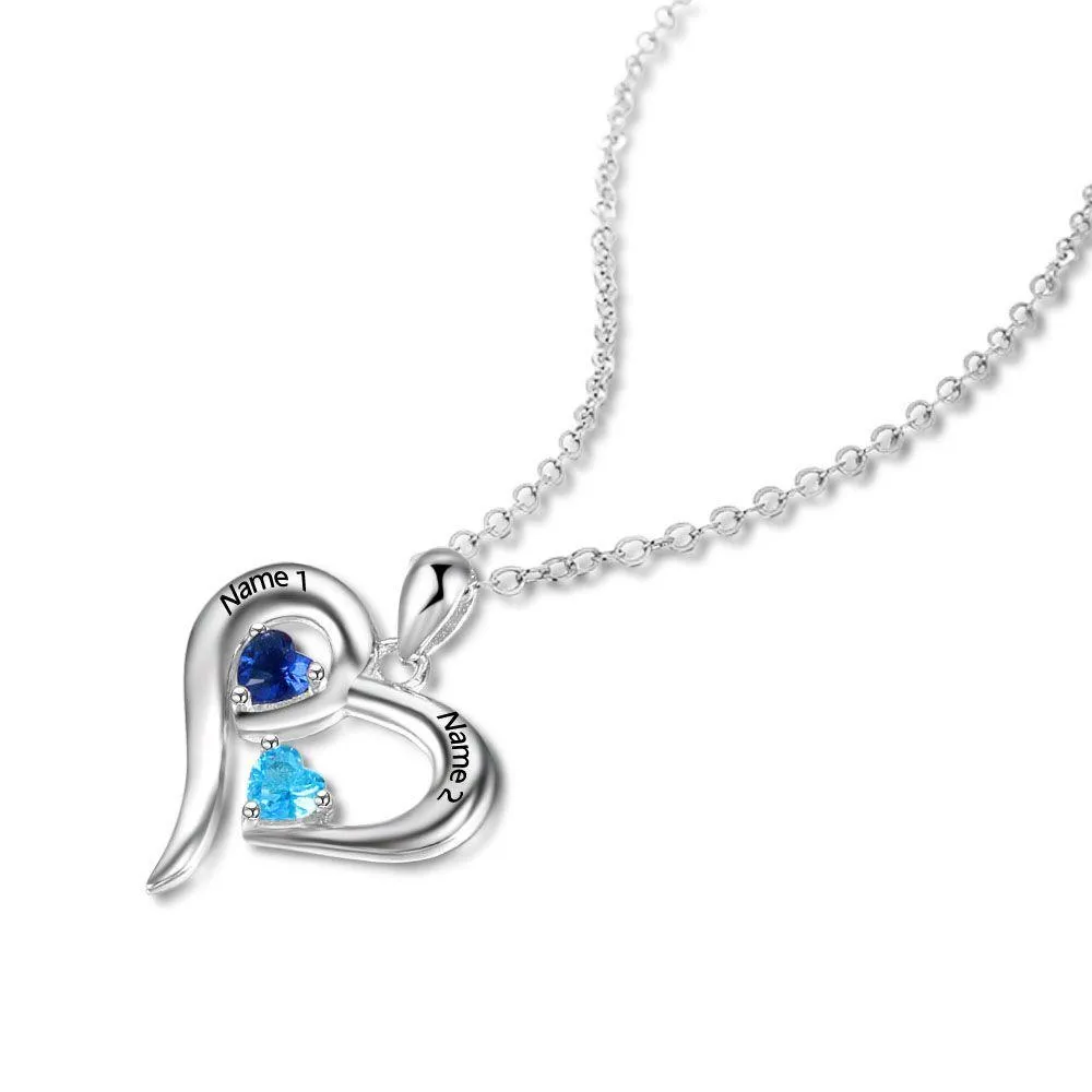 Sterling Silver Birthstone personalized necklace with heart mothers day jewelry with 2 stones child names