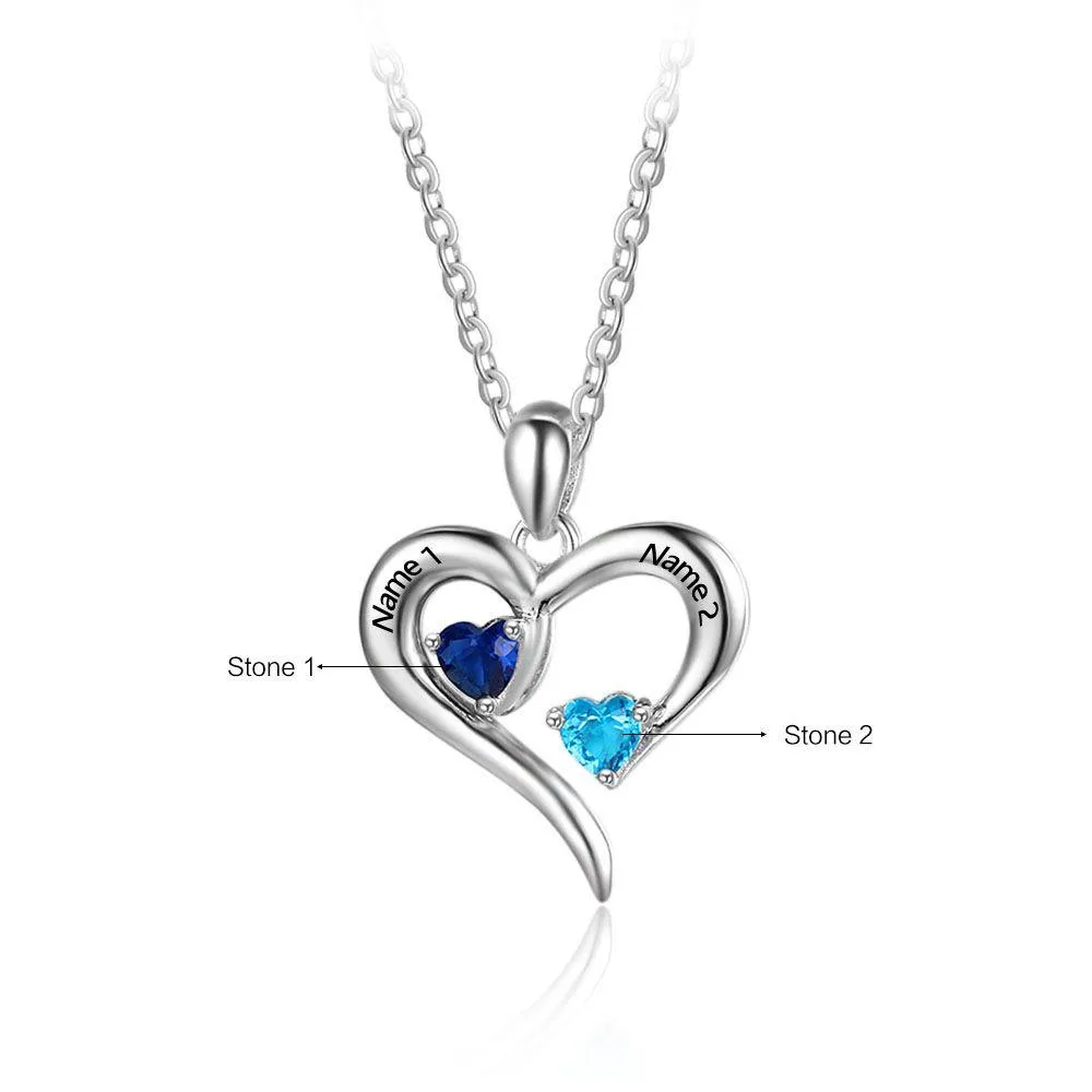 Sterling Silver Birthstone personalized necklace with heart mothers day jewelry with 2 stones child names