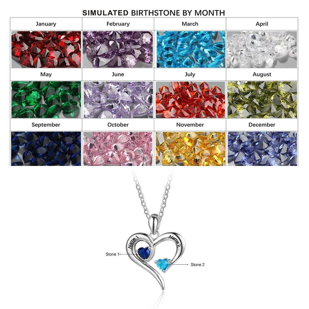 Sterling Silver Birthstone personalized necklace with heart mothers day jewelry with 2 stones child names