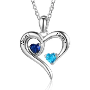 Sterling Silver Birthstone personalized necklace with heart mothers day jewelry with 2 stones child names