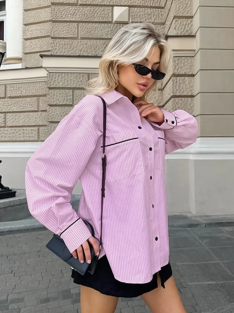 Striped Long Sleeve Slim Fit Contrast Color Shirt