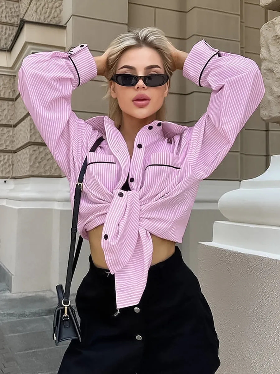 Striped Long Sleeve Slim Fit Contrast Color Shirt