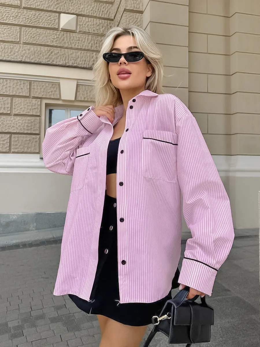 Striped Long Sleeve Slim Fit Contrast Color Shirt