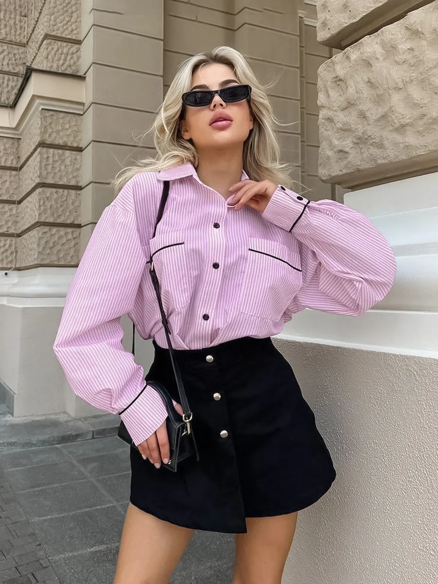 Striped Long Sleeve Slim Fit Contrast Color Shirt