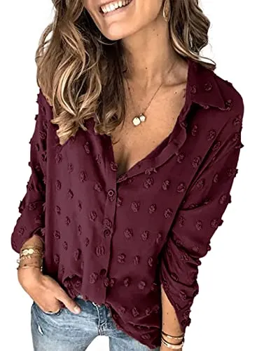Stunncal Astylish Women Pompom Button Down Shirt Casual Blouse Top