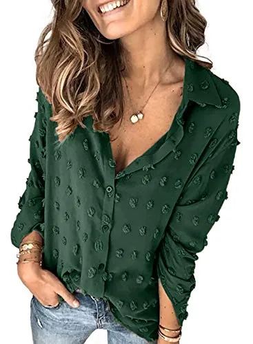 Stunncal Astylish Women Pompom Button Down Shirt Casual Blouse Top