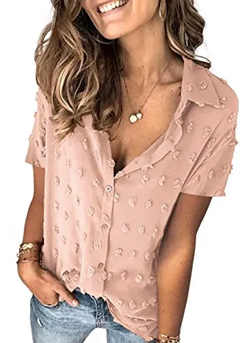 Stunncal Astylish Women Pompom Button Down Shirt Casual Blouse Top