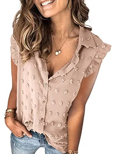 Stunncal Astylish Women Pompom Button Down Shirt Casual Blouse Top