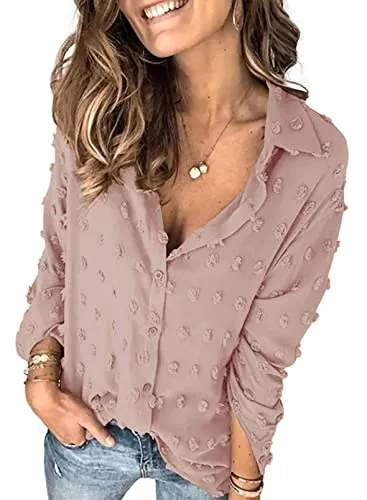 Stunncal Astylish Women Pompom Button Down Shirt Casual Blouse Top