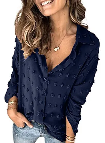 Stunncal Astylish Women Pompom Button Down Shirt Casual Blouse Top